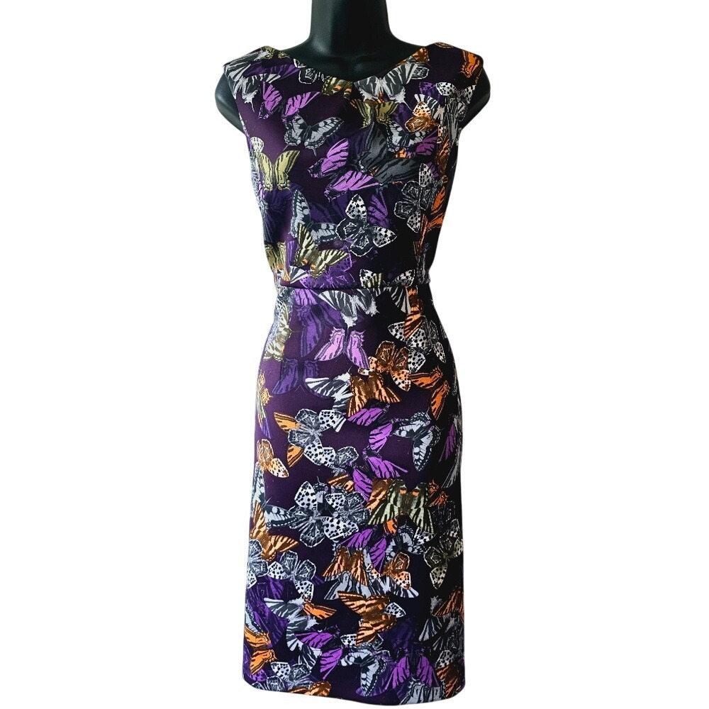 Ellen Tracy Purple Butterfly Print Sleeveless Sheath Dress Size 2 Exposed Zipper